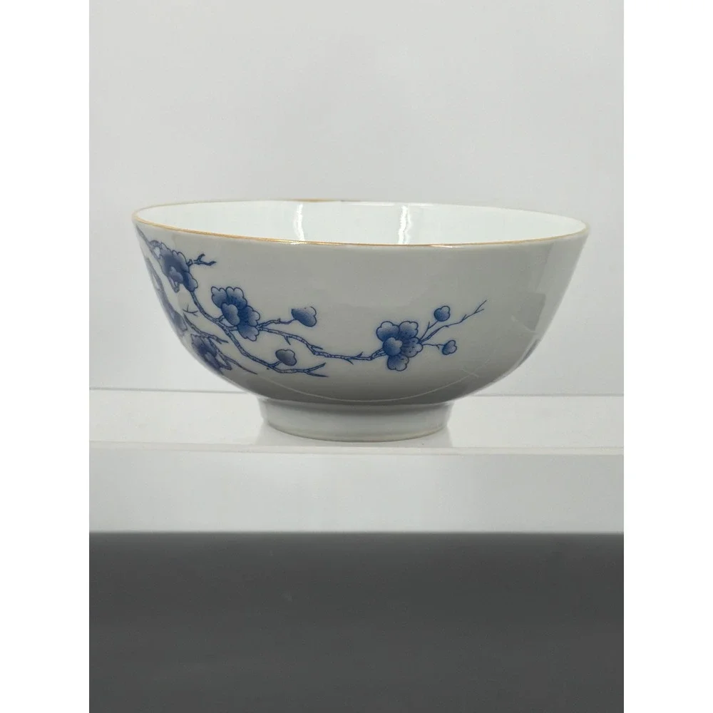 Vintage Blue White Porcelain Cherry Blossom Butterfly Bowl Gold Rim Footed‎ 6in